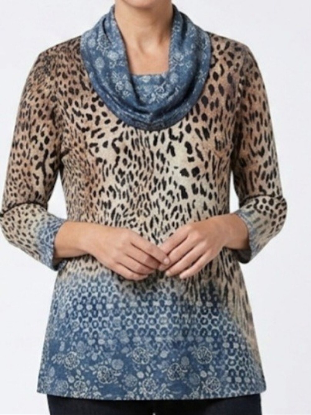 Jess & Jane Cleo French Brush Leopard Knit Long Sleeve Top Mixed Media